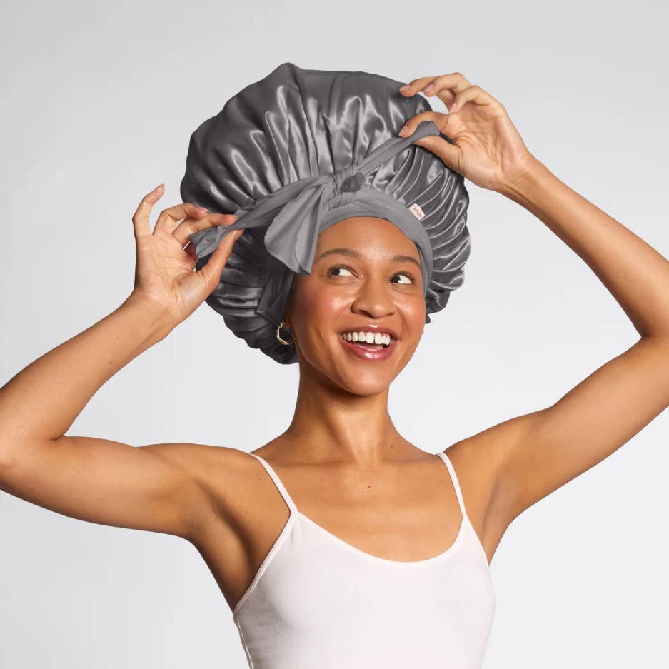 Adjustable Oversized Satin Bonnet- Charcoal KITSCH
